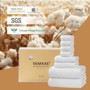 SEMAXE White Towel Set, 100% Cotton with Hanging Loops, 8piece Set